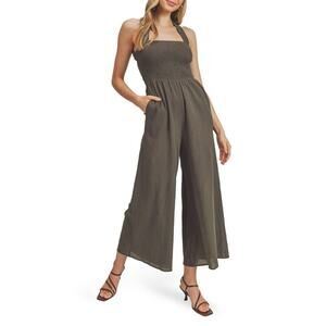 Lush Women's Smocked Tie Back Jumpsuit In Moss size L (b8)